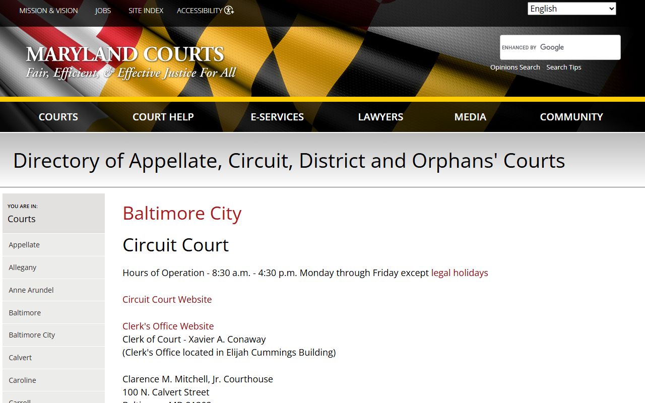 Maryland Courts official directory for Baltimore City courts