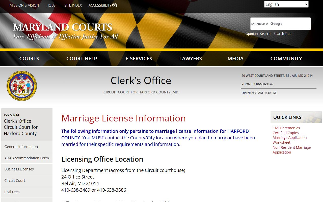 Harford County Circuit Court marriage license page