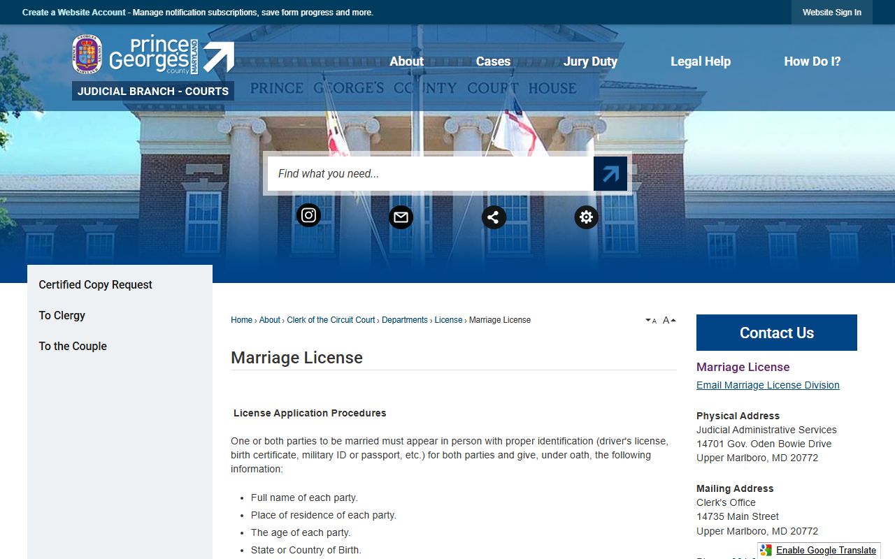 Prince George's County Circuit Court marriage license page