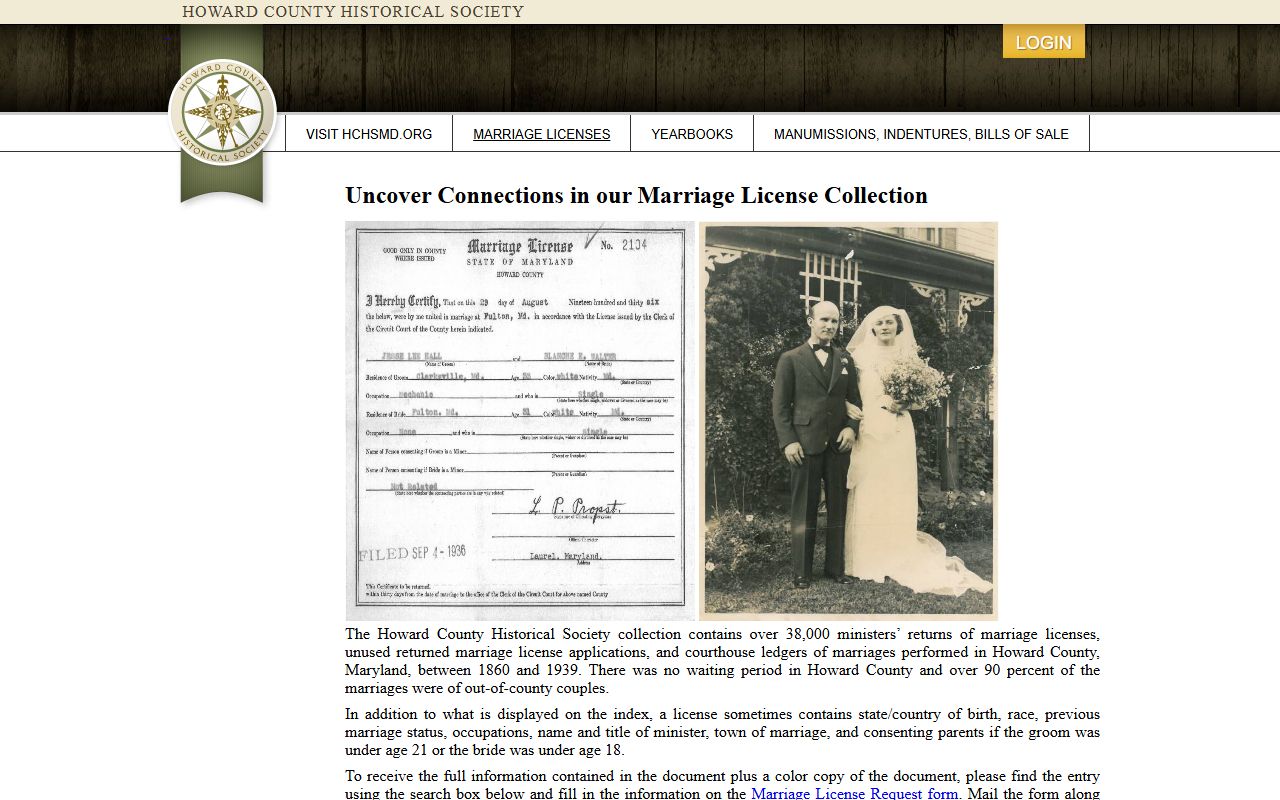 Howard County Historical Society marriage database search interface