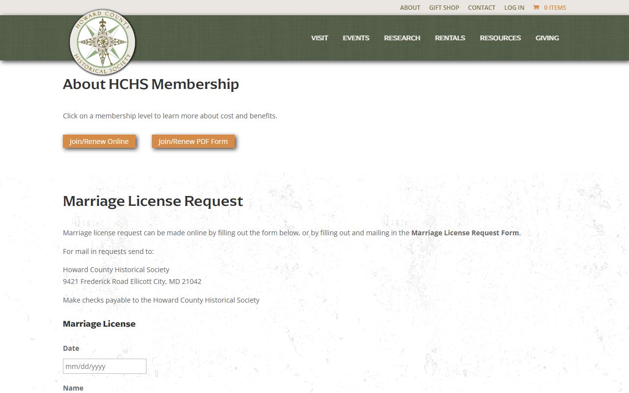 Howard County Historical Society marriage records request page