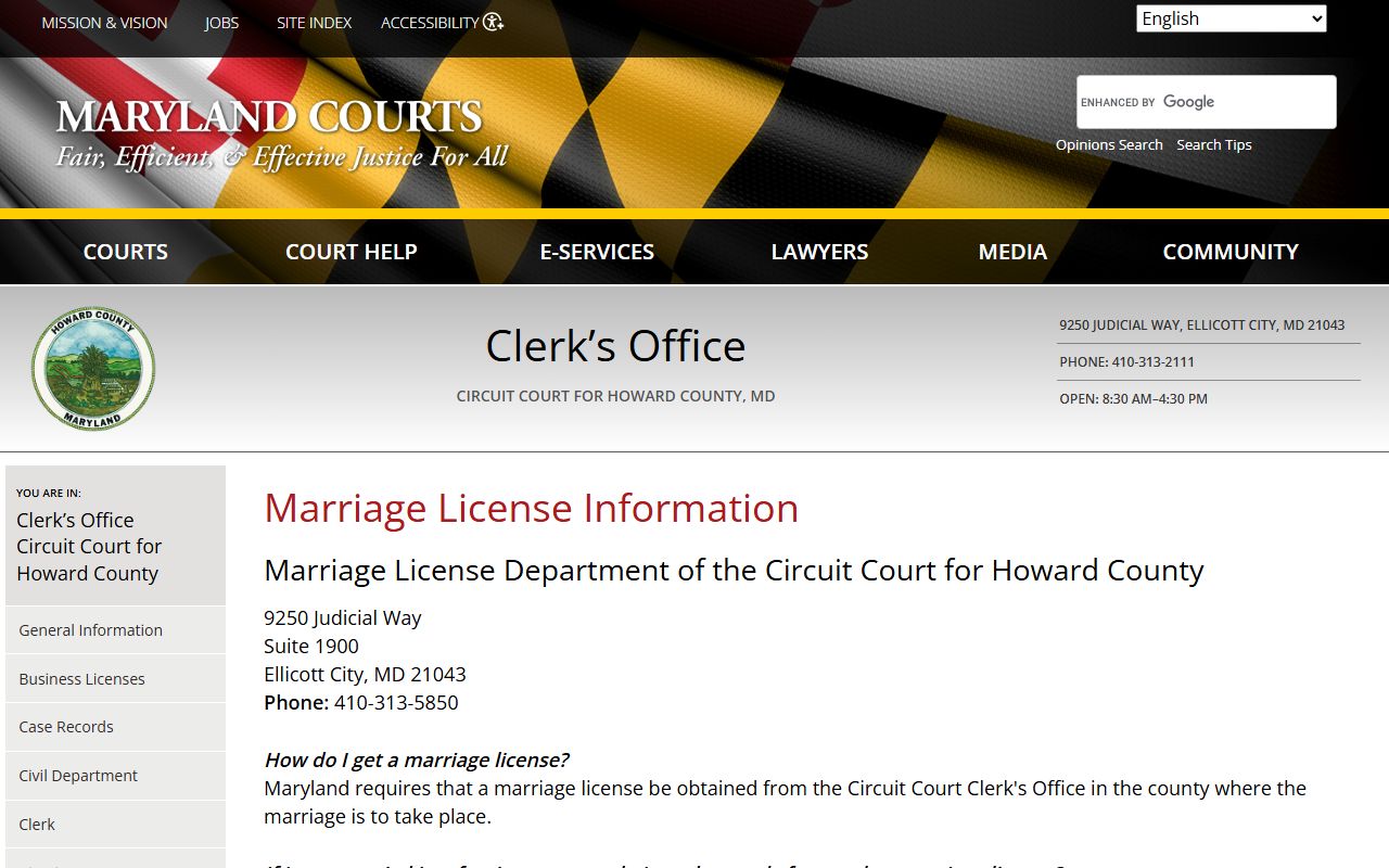 Howard County Circuit Court marriage license page