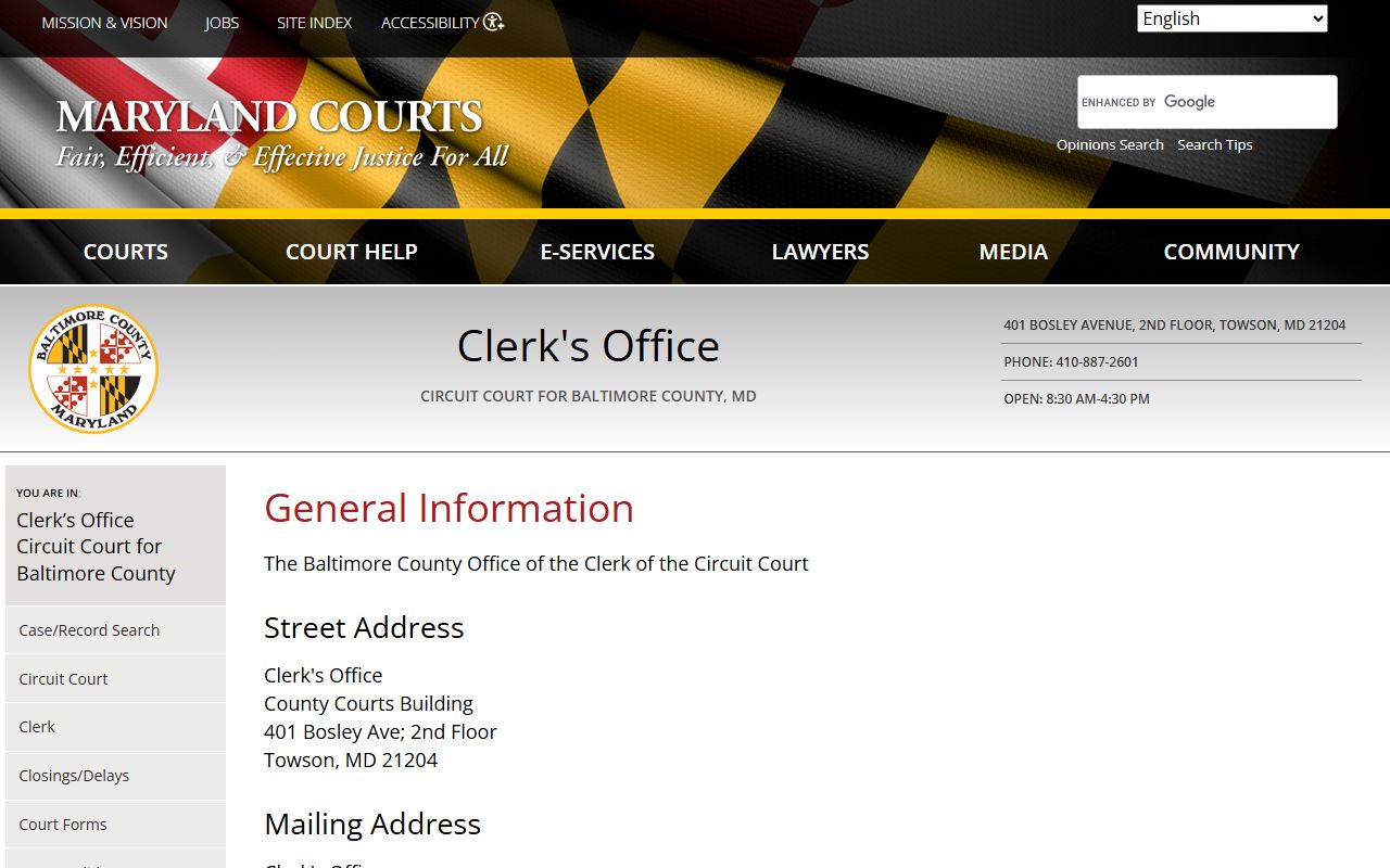 Baltimore County Circuit Court Clerk marriage records page