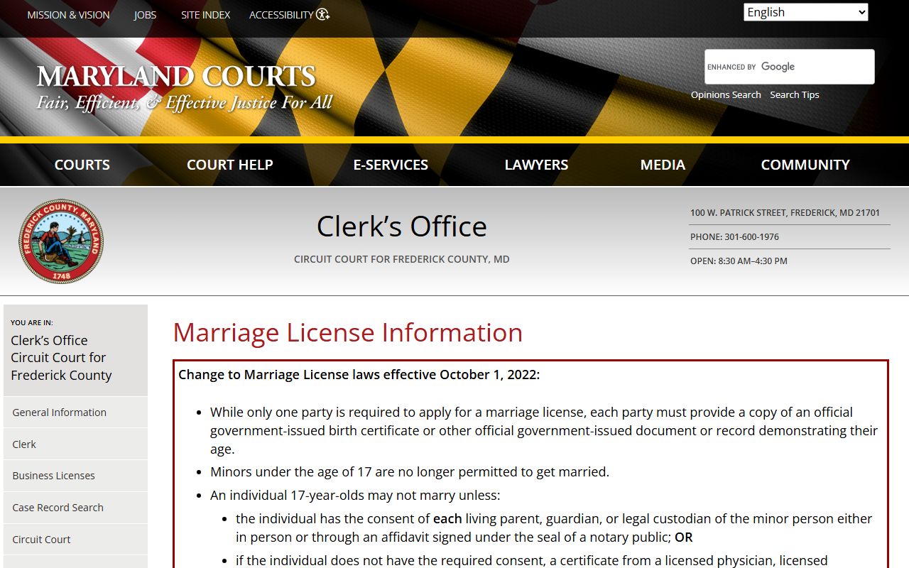 Frederick County Circuit Court marriage license page