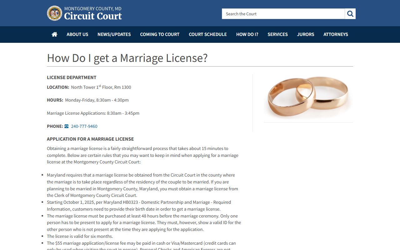 Montgomery County marriage license page at montgomerycountymd.gov