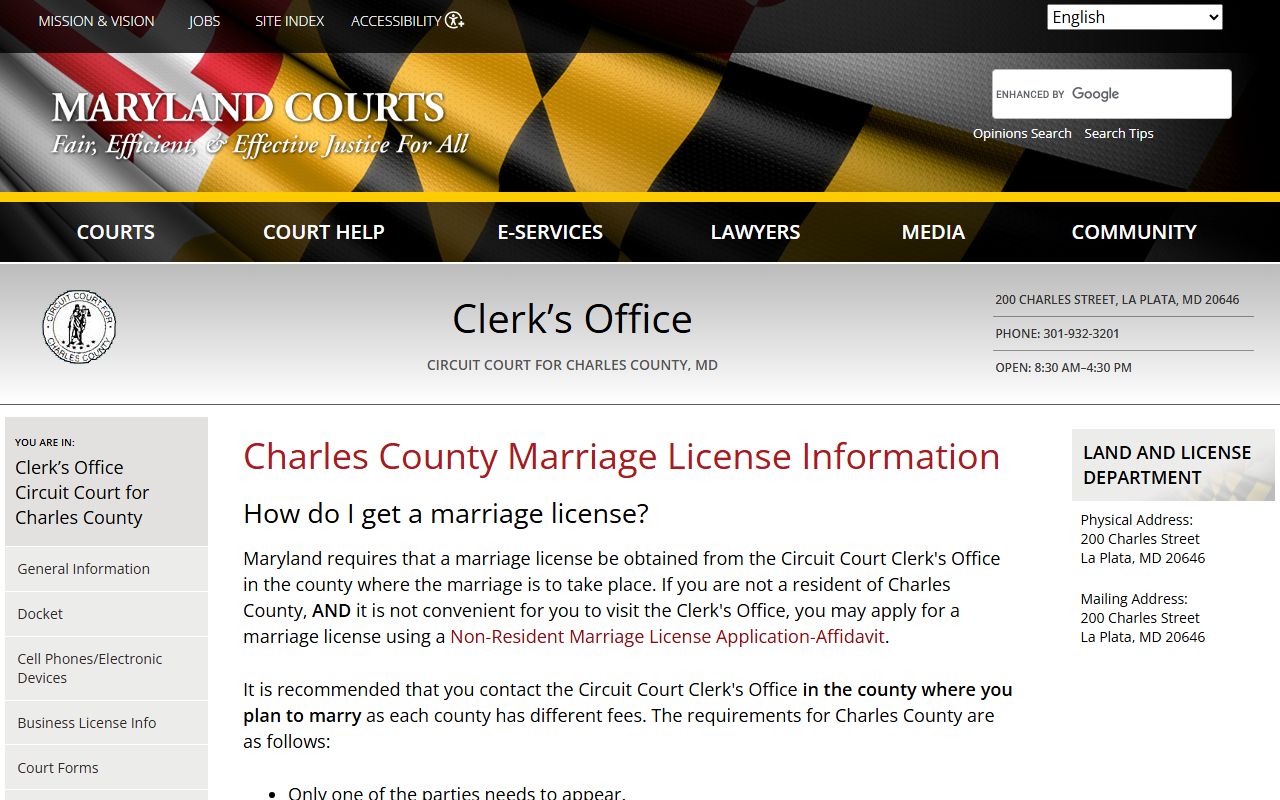 Charles County Circuit Court marriage license page