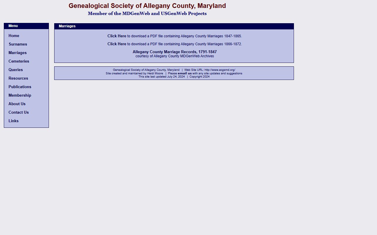 Allegany County Genealogical Society marriage records database