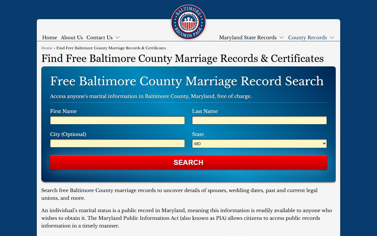 Baltimore County marriage records information