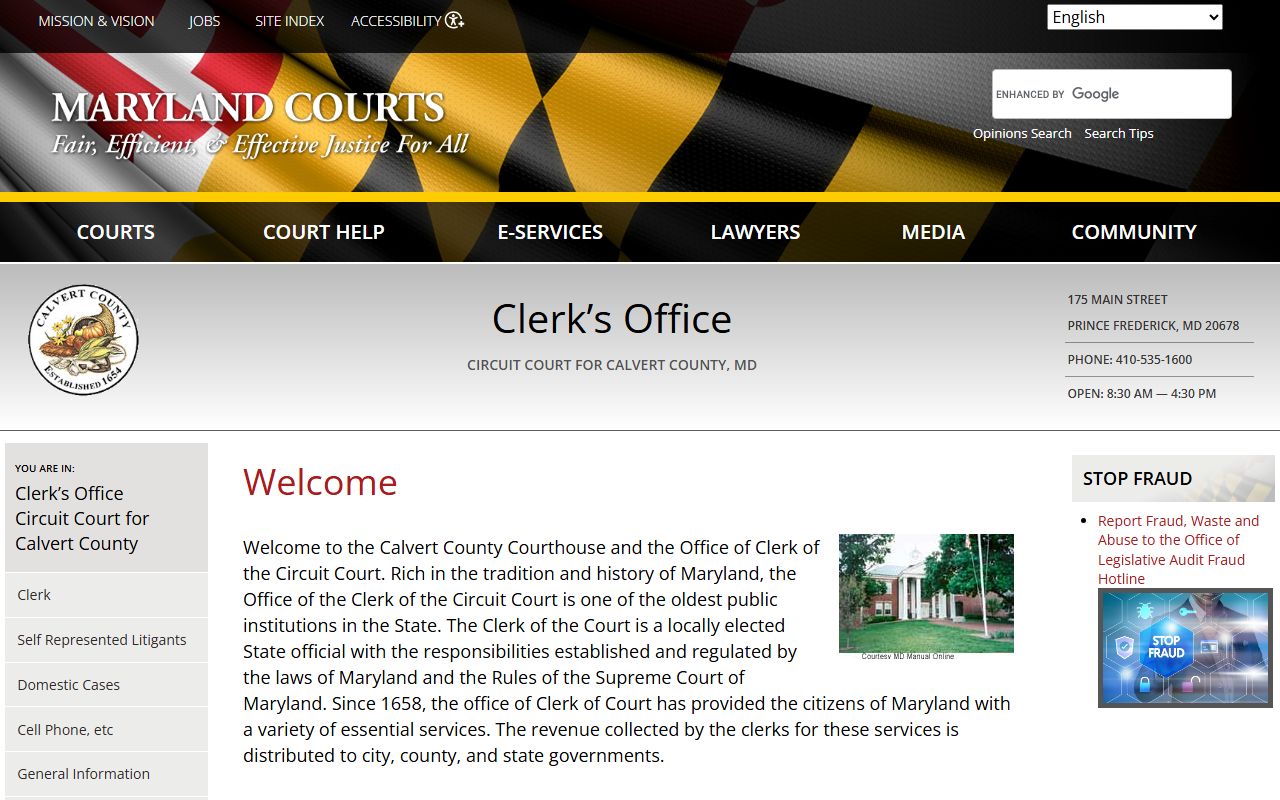 Calvert County marriage license information on Maryland Courts website