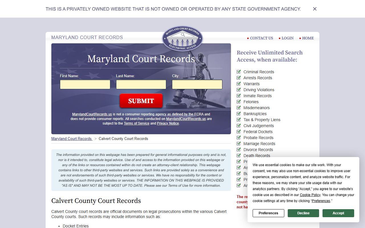 Maryland Court Records resource for Calvert County