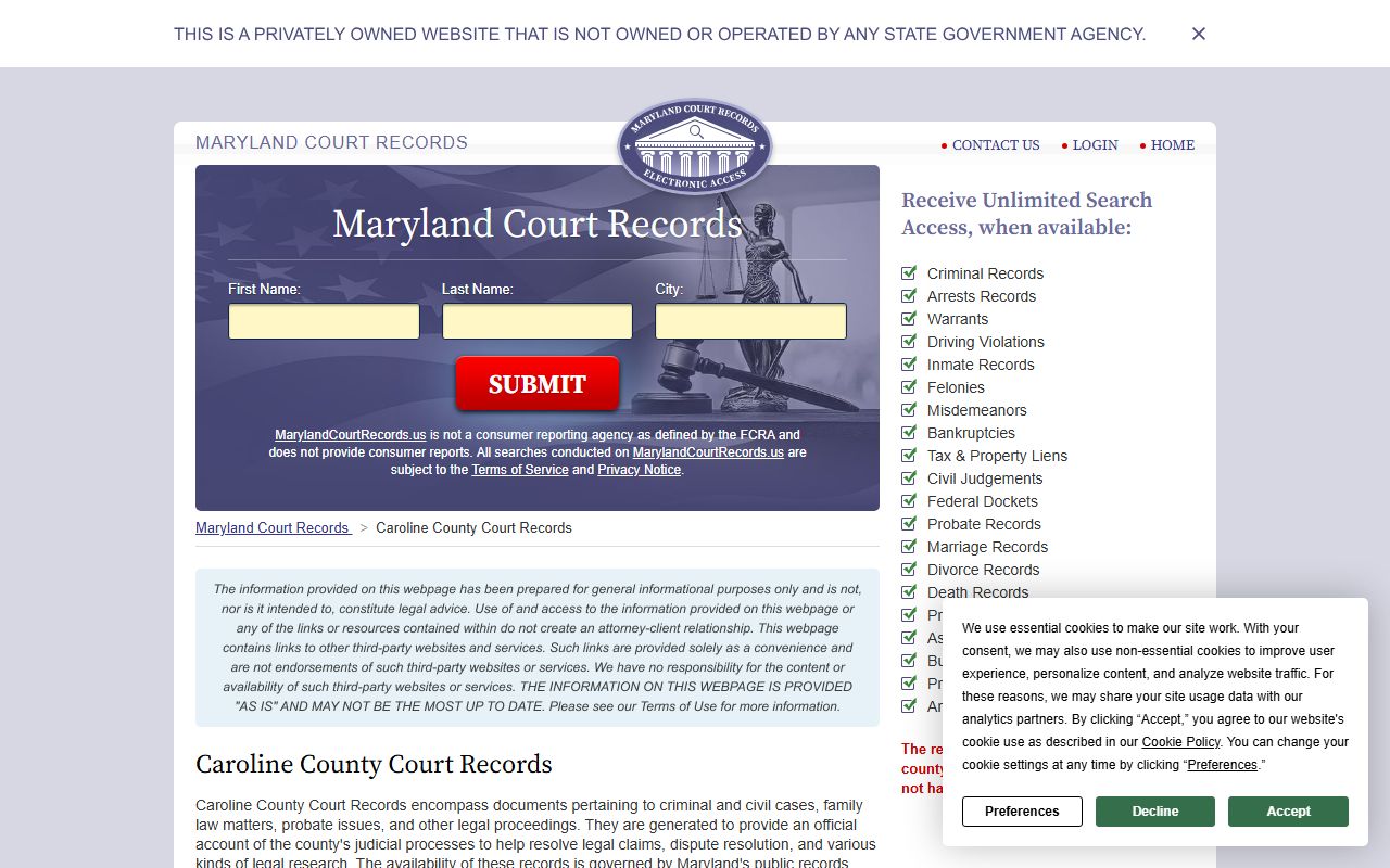 Maryland Court Records site for Caroline County
