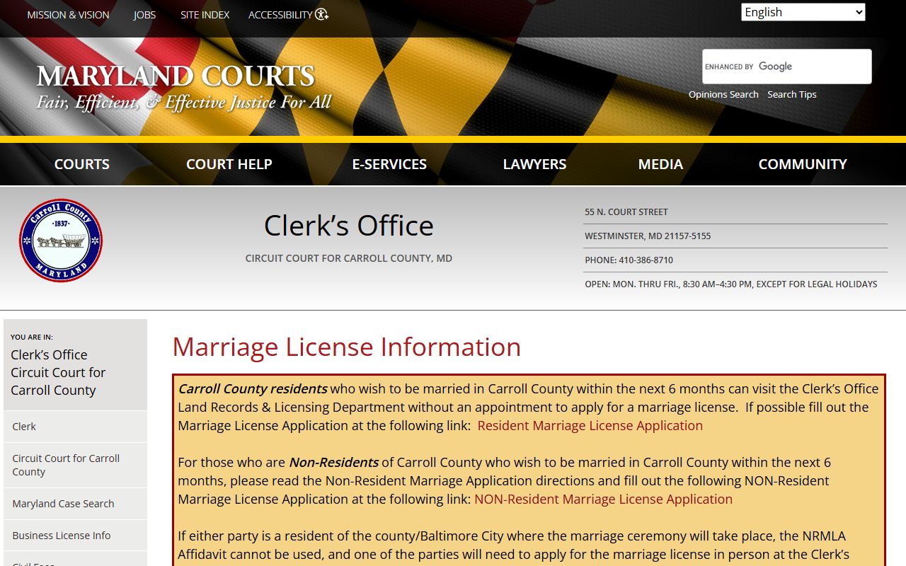 Carroll County Circuit Court Clerk marriage records page