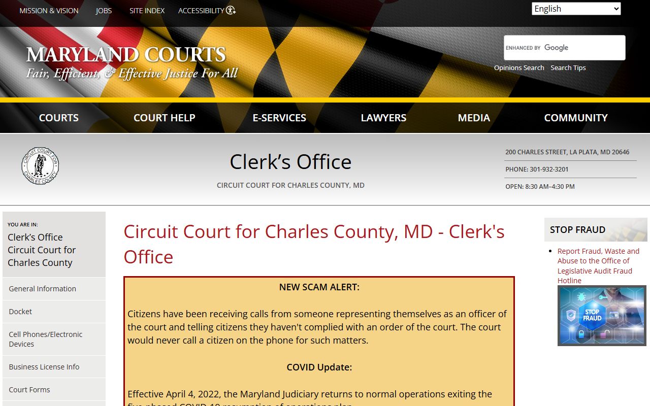 Charles County Circuit Court marriage license and records page