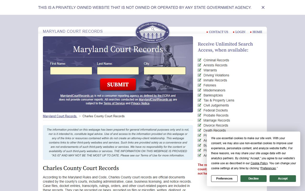 Maryland State Archives and court records resources for Charles County