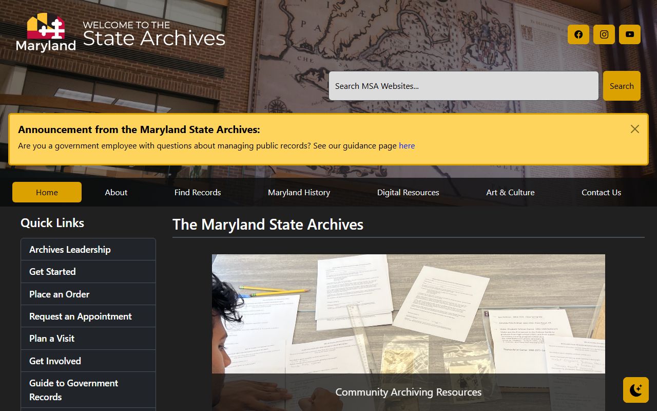 Maryland State Archives main website for marriage records research
