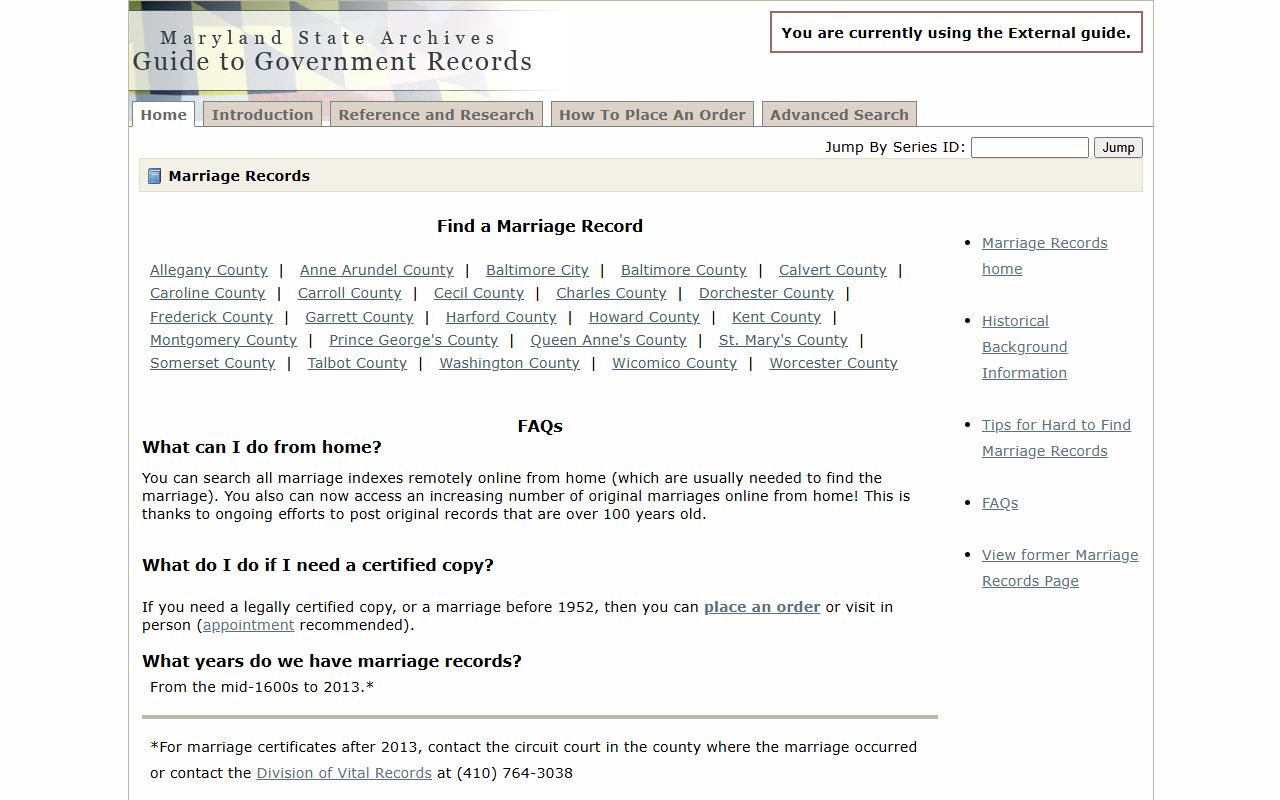 Maryland State Archives marriage records research guide