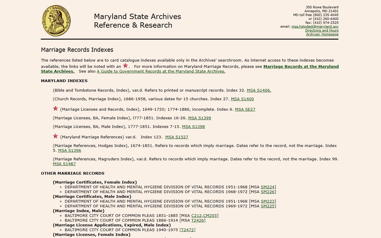 Maryland marriage record indexes listing page