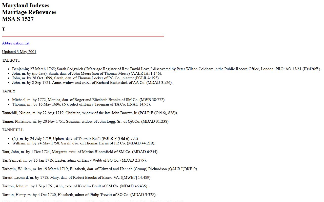 Maryland Marriage References database by Robert Barnes at the State Archives