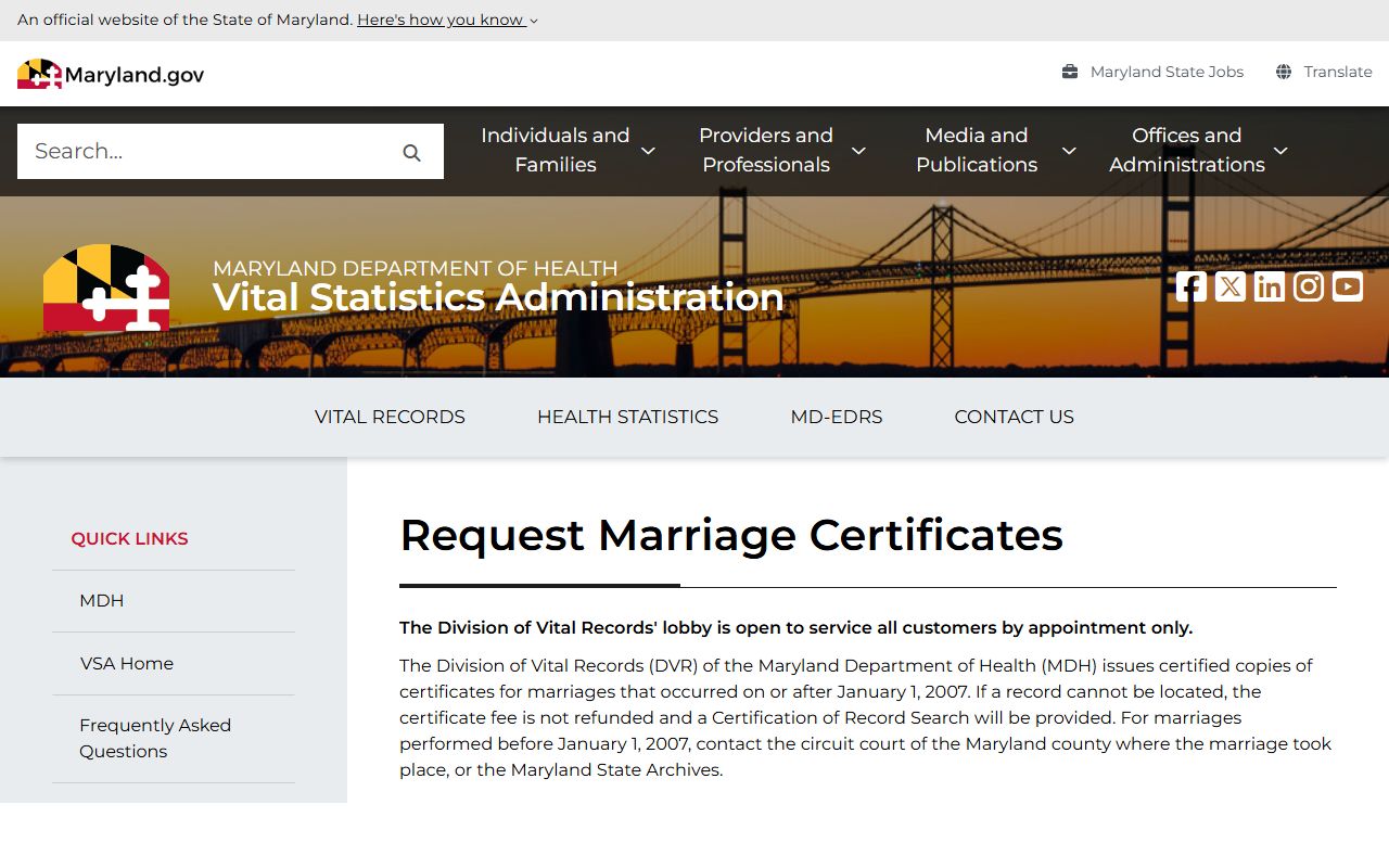 Maryland Department of Health Vital Statistics Administration marriage records page