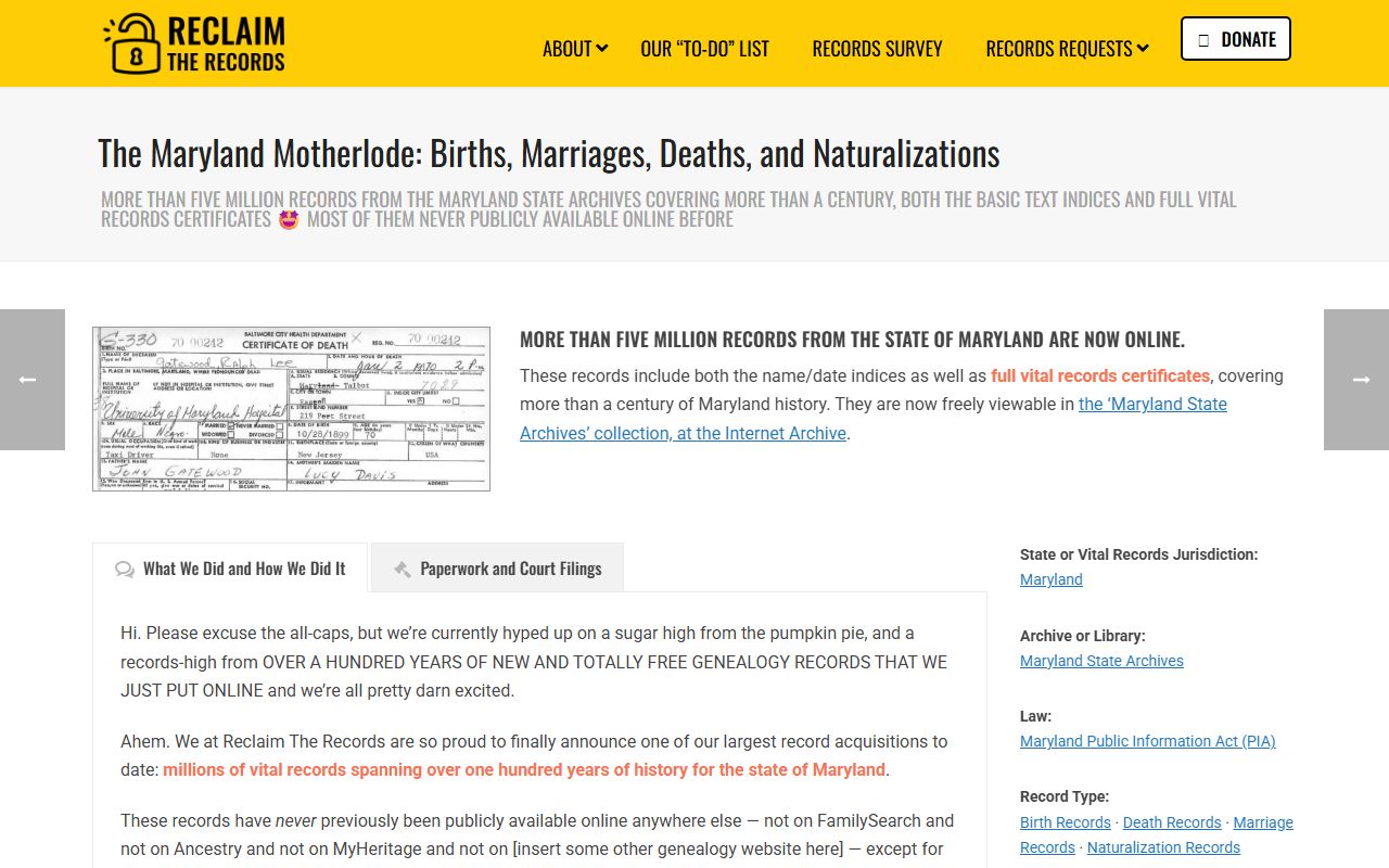 Reclaim The Records Maryland marriage records project page