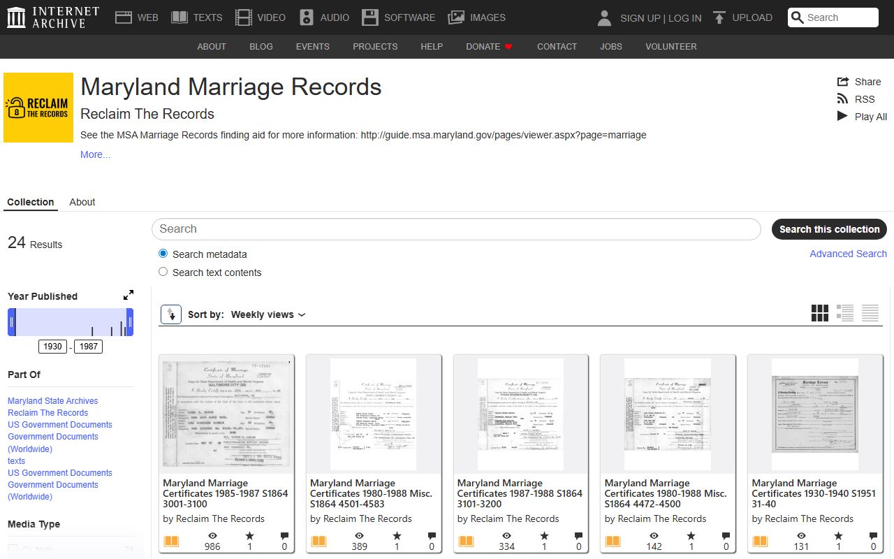 Internet Archive Maryland marriage records collection